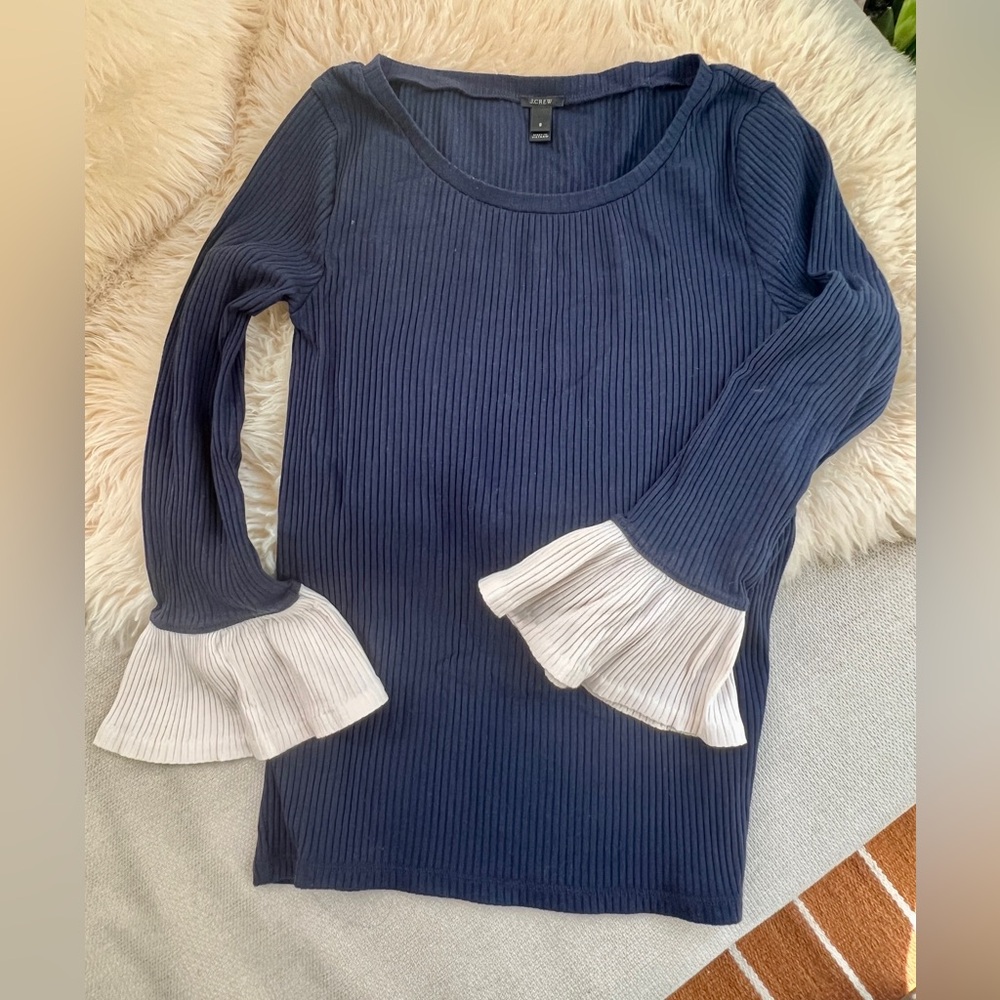 J. Crew Navy Blue White Ribbed Bell Sleeve 3/4 Sleeve Cotton Blend Top Small